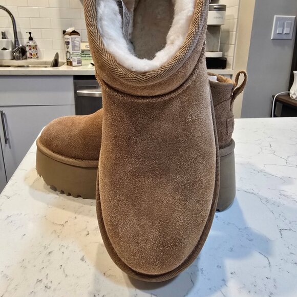 UGG Classic Ultra Mini New Heights Chestnut Suede Boot 1158311 Women's Size 7 - Picture 2 of 9